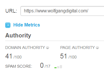 Как вы можете видеть из нижеприведенного случайного примера, веб-сайт Wolfgang Digital в настоящее время безупречно чист, что касается оценки спама, набрав 0 из возможных 17