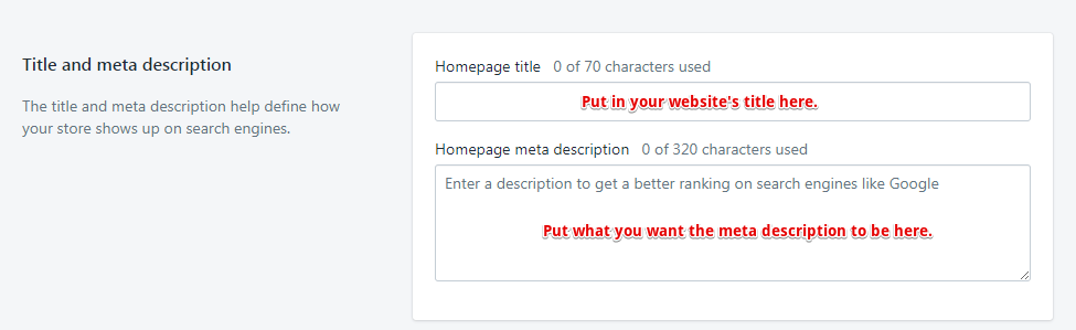 В верхней части страницы вы увидите параметры «Заголовок домашней страницы» и «Мета-описание домашней страницы»